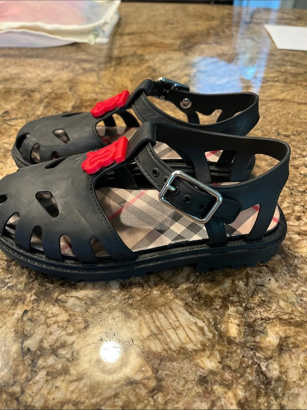 Burberry Black Kids Sandals with Red TB Emblem